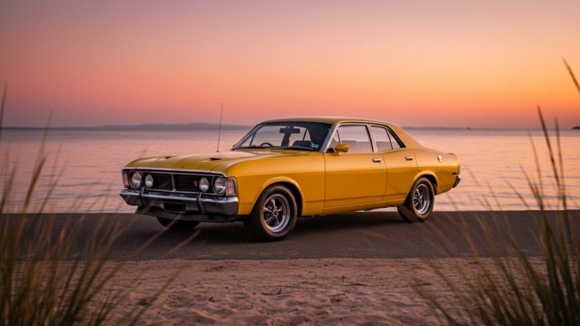 A vibrant classic muscle car gleaming under the golden hour sun on the scenic Capel Sound Esplanade, expertly captured through Capel Sound classic car photography Victoria, with the tranquil waters of Port Phillip Bay and distant coast in the background.