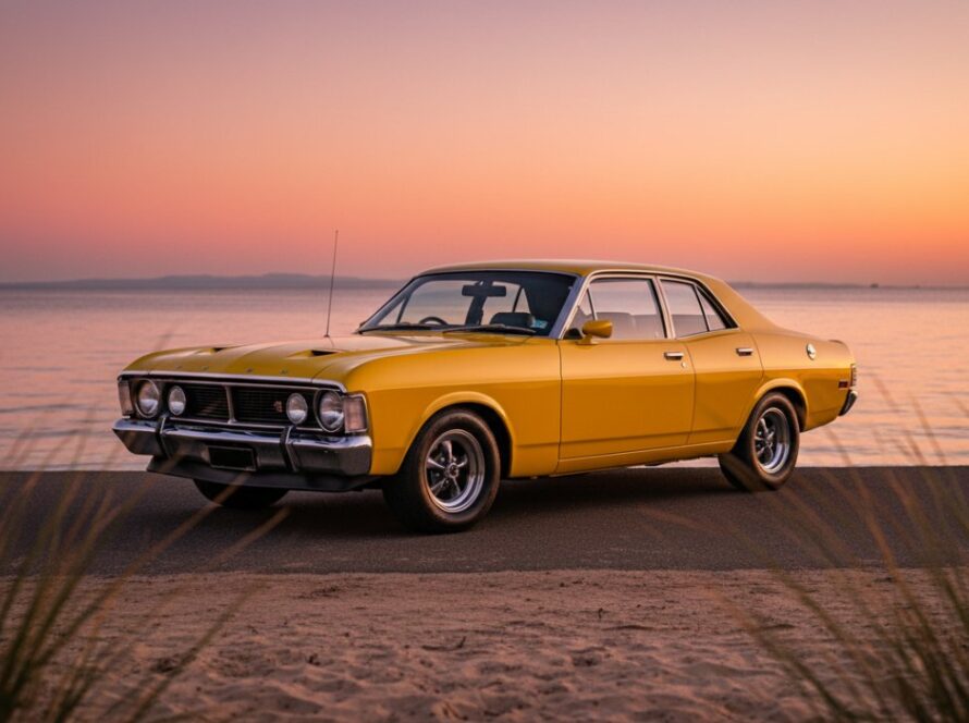 A vibrant classic muscle car gleaming under the golden hour sun on the scenic Capel Sound Esplanade, expertly captured through Capel Sound classic car photography Victoria, with the tranquil waters of Port Phillip Bay and distant coast in the background.