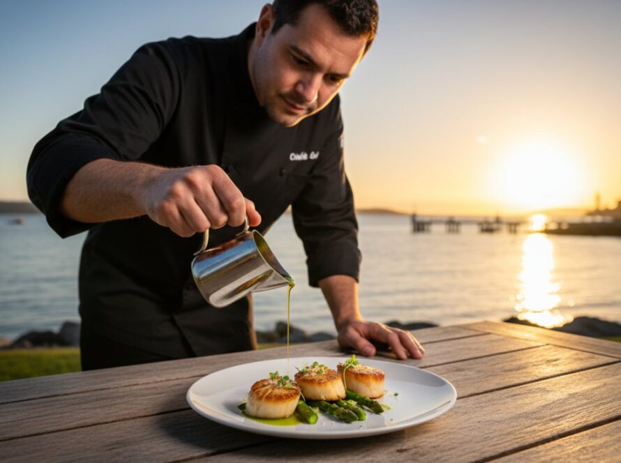 A vibrant, high-angle shot showcasing a beautifully plated seafood dish, possibly fresh local calamari with lemon and herbs, under warm, natural light on an outdoor dining table overlooking the Capel Sound coastline at sunset, embodying Capel Sound culinary soul food photography excellence.