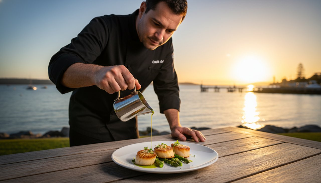 A vibrant, high-angle shot showcasing a beautifully plated seafood dish, possibly fresh local calamari with lemon and herbs, under warm, natural light on an outdoor dining table overlooking the Capel Sound coastline at sunset, embodying Capel Sound culinary soul food photography excellence.