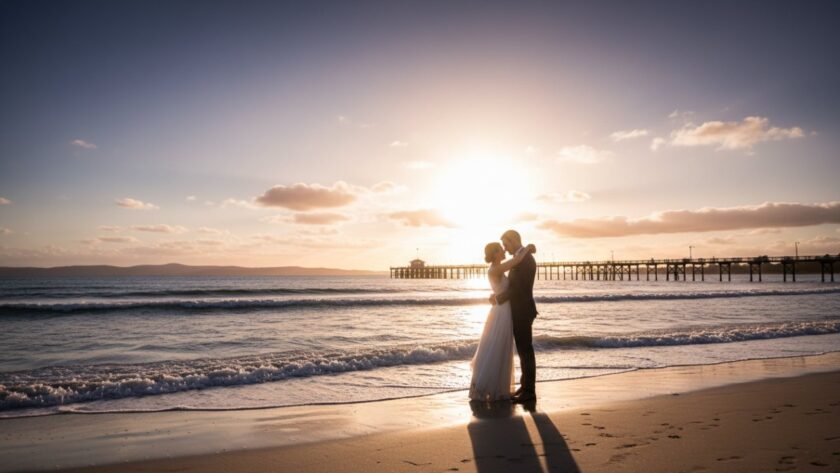 An ethereal Capel Sound fine art photography portrait of a couple embracing at sunset on the beach, with the iconic Capel Sound pier in the background, light rays piercing through the clouds, evoking a timeless, romantic mood.