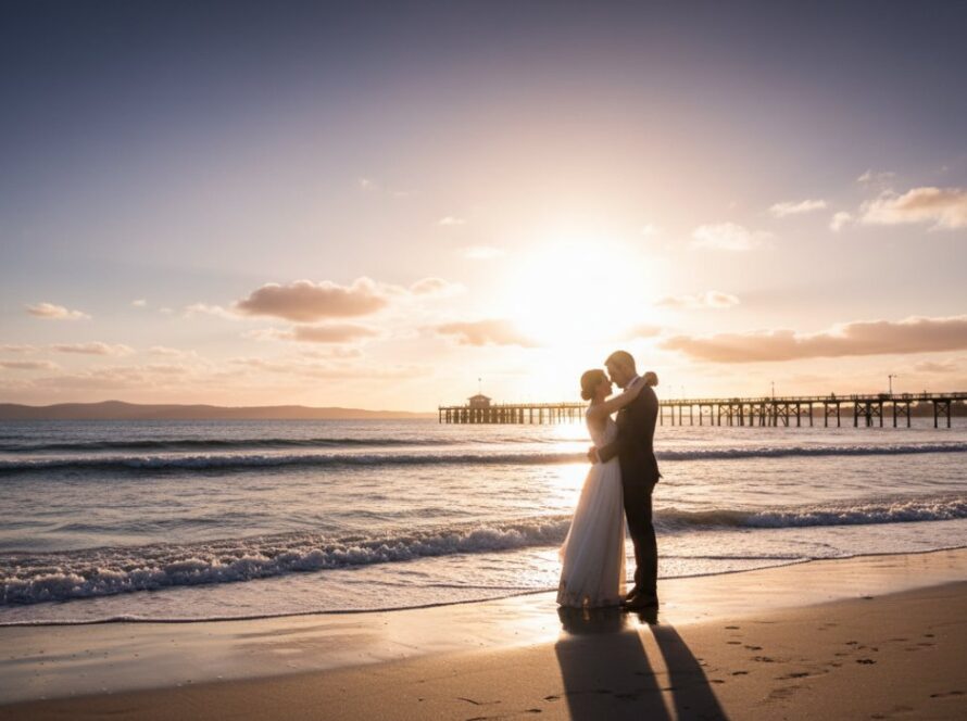 An ethereal Capel Sound fine art photography portrait of a couple embracing at sunset on the beach, with the iconic Capel Sound pier in the background, light rays piercing through the clouds, evoking a timeless, romantic mood.