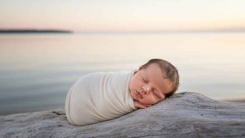 A serene, artistic close-up photograph capturing a newborn baby's tiny hand gently grasping a parent's finger, bathed in soft, natural light, symbolising the tender bond created by 'Capel Sound gentle newborn photography by local experts', with a blurred background suggesting the tranquil Capel Sound beachfront at dawn.