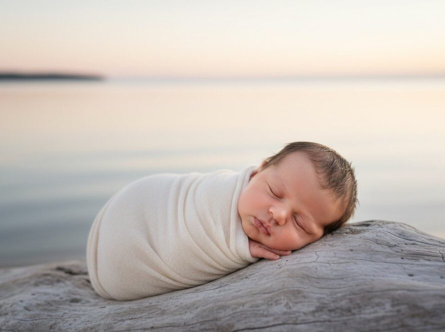A serene, artistic close-up photograph capturing a newborn baby's tiny hand gently grasping a parent's finger, bathed in soft, natural light, symbolising the tender bond created by 'Capel Sound gentle newborn photography by local experts', with a blurred background suggesting the tranquil Capel Sound beachfront at dawn.