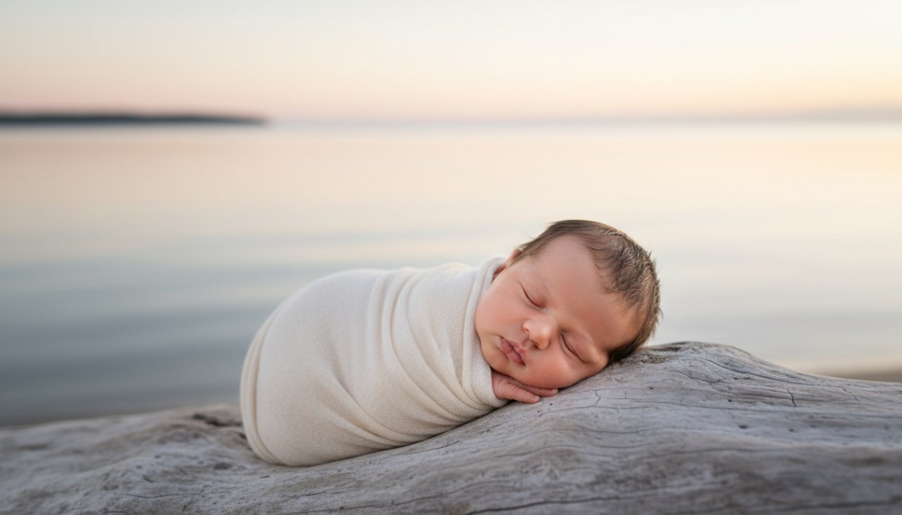 A serene, artistic close-up photograph capturing a newborn baby's tiny hand gently grasping a parent's finger, bathed in soft, natural light, symbolising the tender bond created by 'Capel Sound gentle newborn photography by local experts', with a blurred background suggesting the tranquil Capel Sound beachfront at dawn.