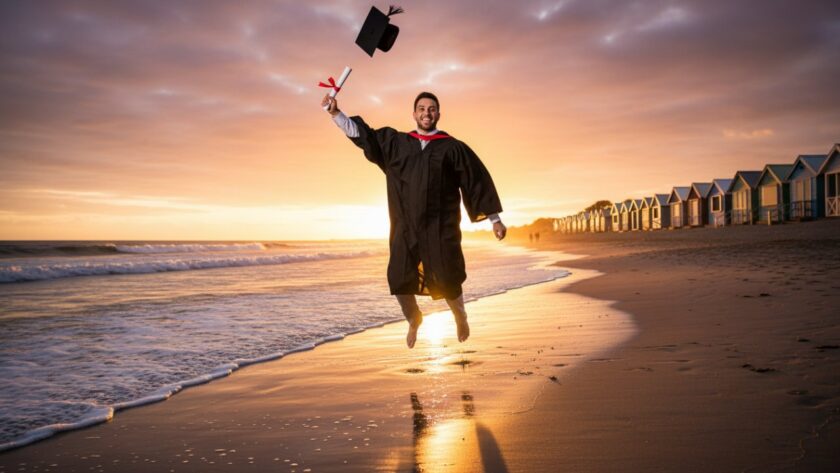 A jubilant graduate in Capel Sound throwing their cap into a vibrant sunset sky by the foreshore, celebrating their academic milestone, perfectly encapsulating the Capel Sound graduation celebration photography experience.