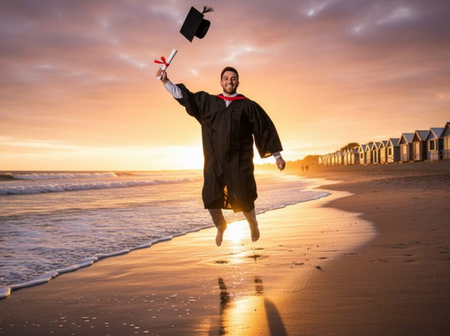 A jubilant graduate in Capel Sound throwing their cap into a vibrant sunset sky by the foreshore, celebrating their academic milestone, perfectly encapsulating the Capel Sound graduation celebration photography experience.