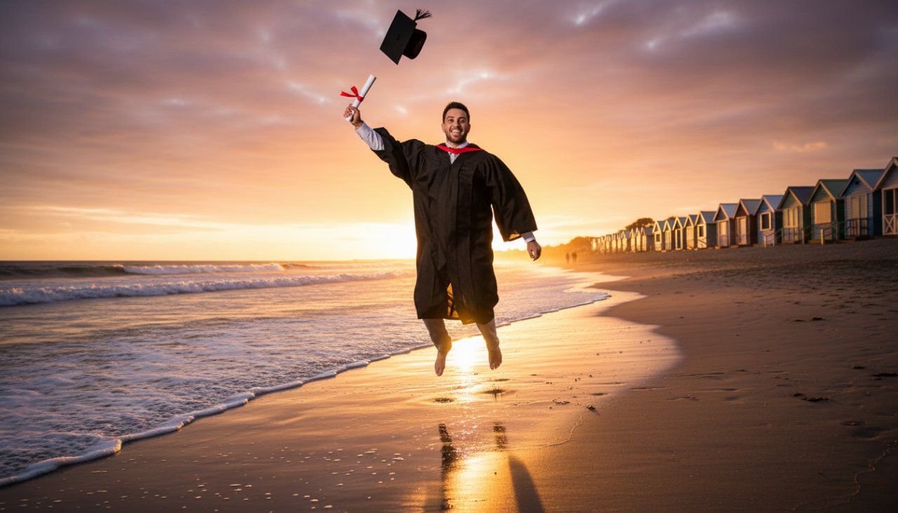 A jubilant graduate in Capel Sound throwing their cap into a vibrant sunset sky by the foreshore, celebrating their academic milestone, perfectly encapsulating the Capel Sound graduation celebration photography experience.
