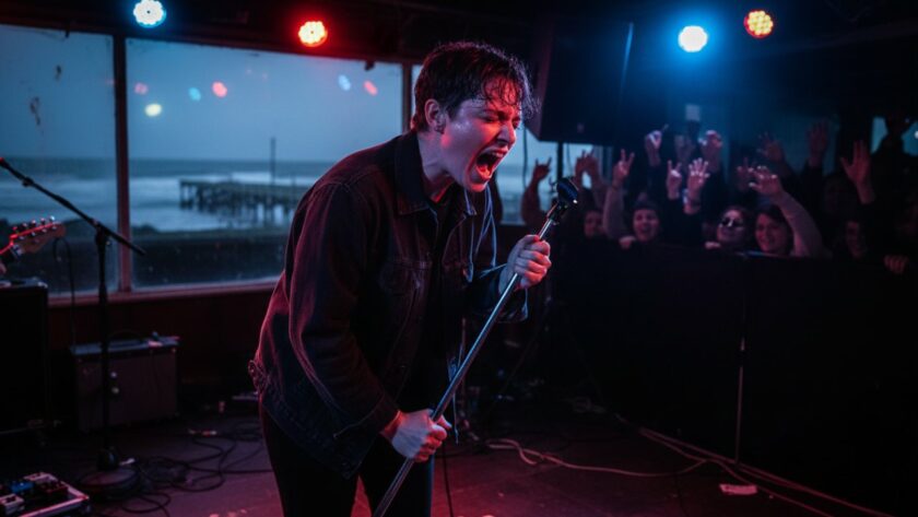 Capel Sound live music photography capturing Peninsula energy. Dynamic shot of a lead guitarist in mid-jump during a high-energy performance at a local Capel Sound venue, bathed in dramatic stage lighting, crowd silhouetted in the foreground, capturing an epic rock and roll moment.