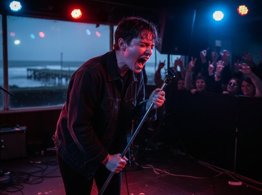 Capel Sound live music photography capturing Peninsula energy. Dynamic shot of a lead guitarist in mid-jump during a high-energy performance at a local Capel Sound venue, bathed in dramatic stage lighting, crowd silhouetted in the foreground, capturing an epic rock and roll moment.