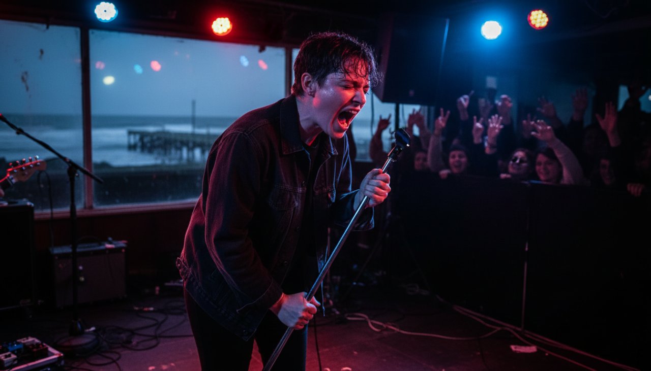 Capel Sound live music photography capturing Peninsula energy. Dynamic shot of a lead guitarist in mid-jump during a high-energy performance at a local Capel Sound venue, bathed in dramatic stage lighting, crowd silhouetted in the foreground, capturing an epic rock and roll moment.