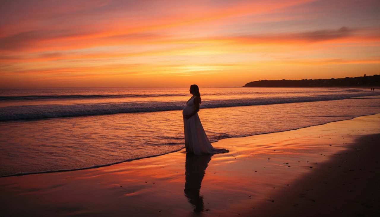 Epic Capel Sound Maternity Photography Beachfront Portraits featuring a glowing expectant mother at sunset, standing gracefully by the gentle waves with the stunning coastline in the background.