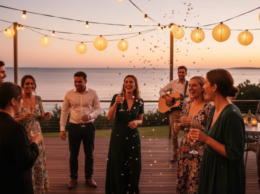 Capel Sound party photography candid vibrant moments captured at dusk: A wide shot of friends laughing, dancing, and raising glasses under string lights at a beachside venue in Capel Sound, with the golden hour light reflecting on the bay, evoking pure joy and connection.