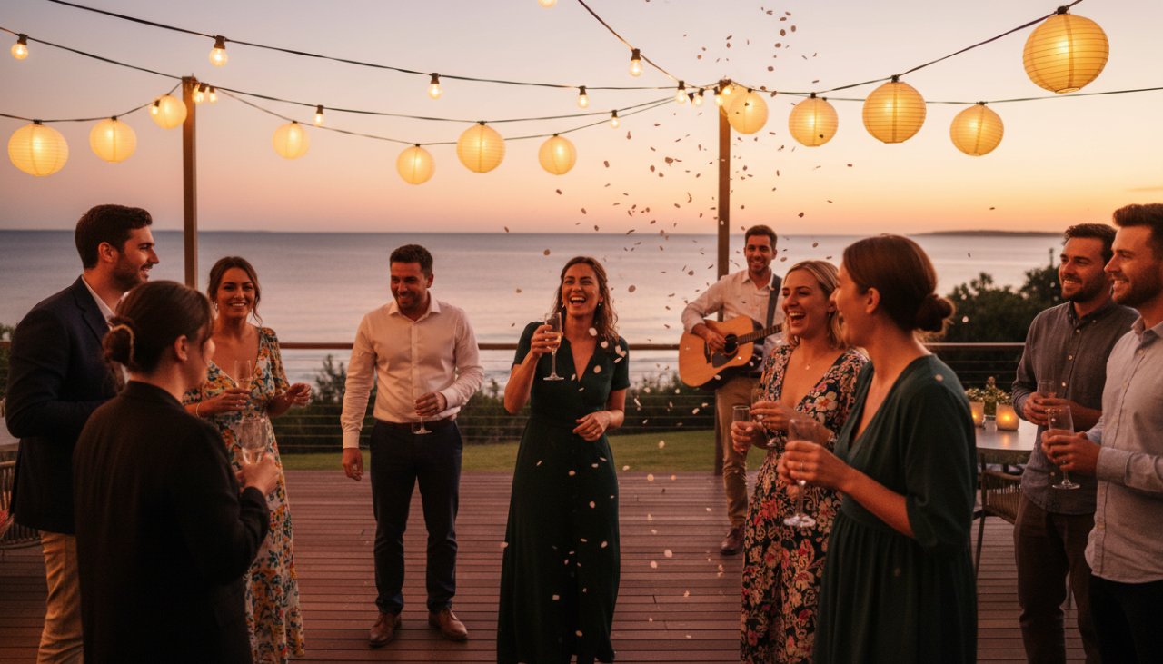 Capel Sound party photography candid vibrant moments captured at dusk: A wide shot of friends laughing, dancing, and raising glasses under string lights at a beachside venue in Capel Sound, with the golden hour light reflecting on the bay, evoking pure joy and connection.