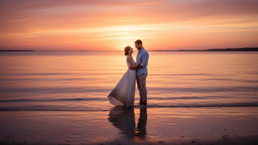 An engaged couple embracing intimately on the sandy shores of Capel Sound beach during a golden hour pre-wedding photography shoot, with soft, romantic light illuminating their joyful expressions and the calm waters reflecting the sky, captured with a wide cinematic lens.