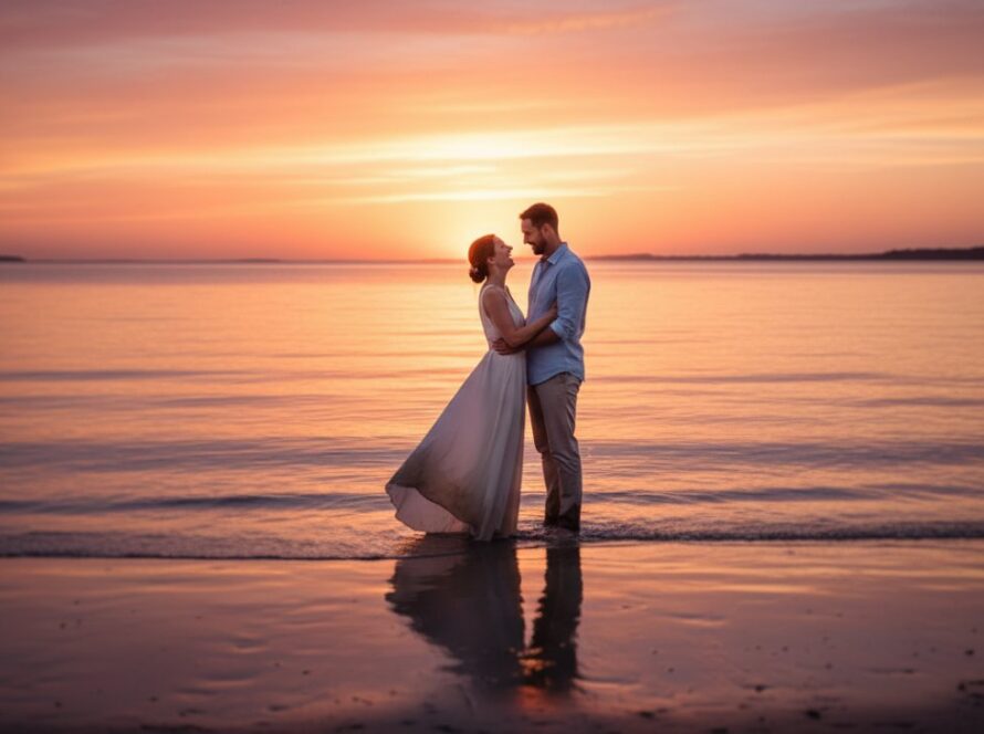 An engaged couple embracing intimately on the sandy shores of Capel Sound beach during a golden hour pre-wedding photography shoot, with soft, romantic light illuminating their joyful expressions and the calm waters reflecting the sky, captured with a wide cinematic lens.