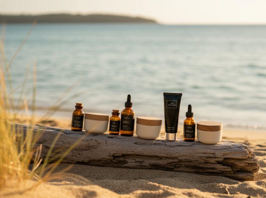 Dramatic wide-angle shot featuring beautifully styled artisan skincare products from Capel Sound product photography for artisan skincare brands, arranged on a weathered jetty at sunset in Capel Sound, with soft, golden hour light illuminating the textures and the serene bay in the background.
