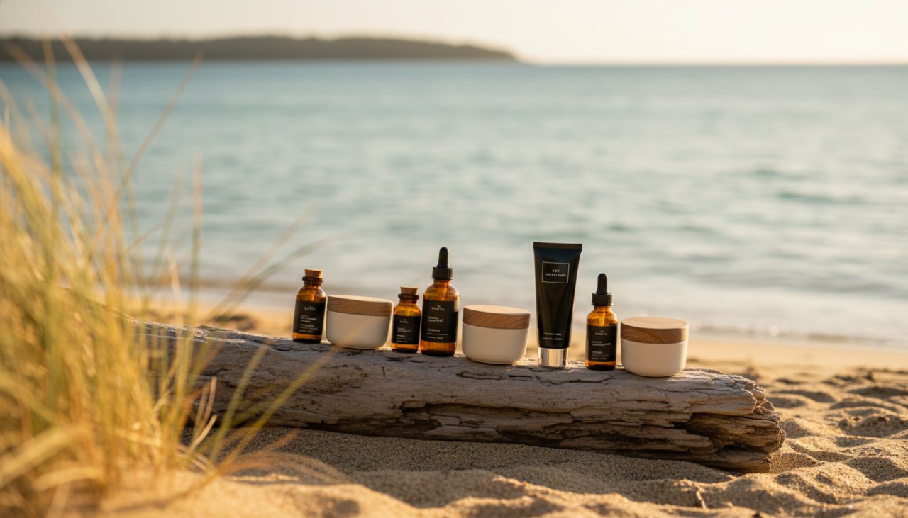 Dramatic wide-angle shot featuring beautifully styled artisan skincare products from Capel Sound product photography for artisan skincare brands, arranged on a weathered jetty at sunset in Capel Sound, with soft, golden hour light illuminating the textures and the serene bay in the background.