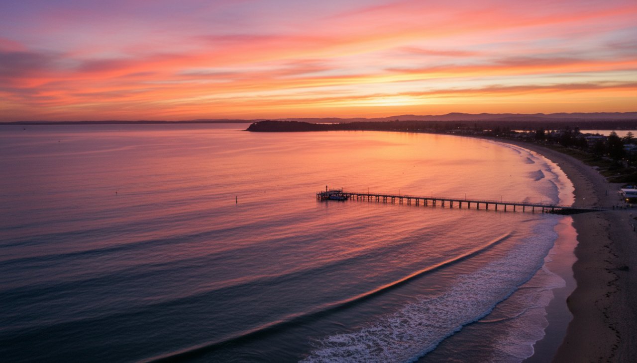 An epic drone shot capturing the vibrant sunset over Capel Sound, Rosebud West, showcasing the stunning coastal colours and the tranquil waters. This Capel Sound Rosebud West drone coastal perspectives image highlights the natural beauty of the Mornington Peninsula at dusk, with the jetty subtly visible and a serene atmosphere.