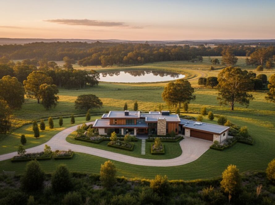 A stunning aerial view showcasing captivating Badger Creek acreage photography for property sales, featuring a luxurious modern home nestled within vast, lush green paddocks under a dramatic morning sky with soft, golden light filtering through scattered gum trees, capturing the expansive and tranquil lifestyle.