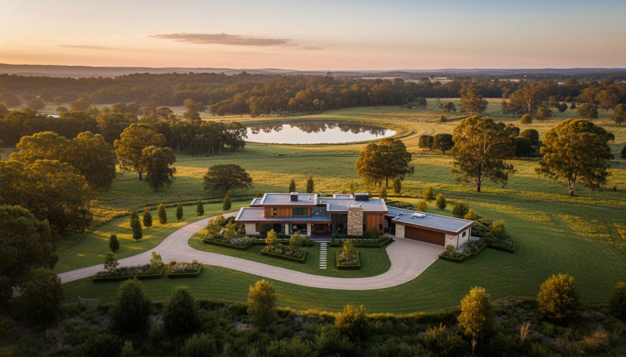 A stunning aerial view showcasing captivating Badger Creek acreage photography for property sales, featuring a luxurious modern home nestled within vast, lush green paddocks under a dramatic morning sky with soft, golden light filtering through scattered gum trees, capturing the expansive and tranquil lifestyle.