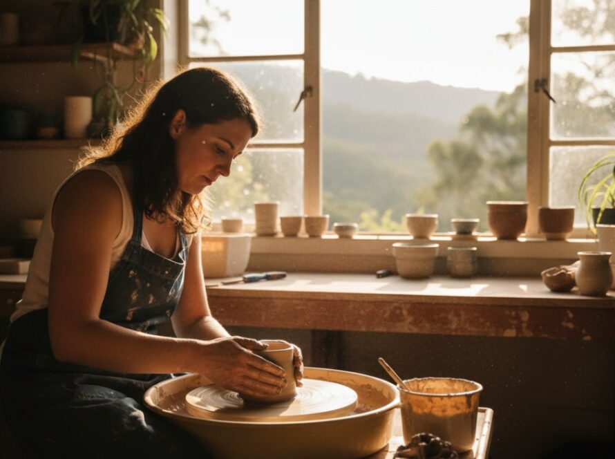 An inspiring, sun-drenched photograph showcasing a local artisan in Kalorama, Victoria, meticulously crafting pottery in their studio, bathed in golden hour light, embodying captivating branding photography Kalorama for small business growth. The focus is on the intricate details of their work and their passionate expression, set against the rustic charm of the Dandenong Ranges.