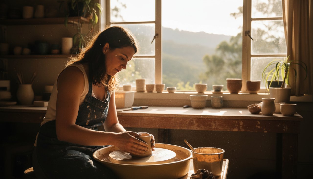 An inspiring, sun-drenched photograph showcasing a local artisan in Kalorama, Victoria, meticulously crafting pottery in their studio, bathed in golden hour light, embodying captivating branding photography Kalorama for small business growth. The focus is on the intricate details of their work and their passionate expression, set against the rustic charm of the Dandenong Ranges.
