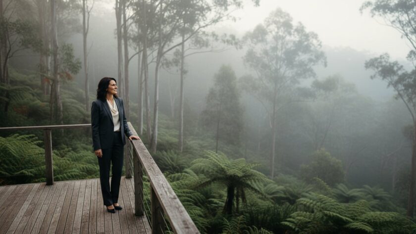 An 'epic moment' style photograph showcasing a confident female CEO in her late 40s, standing powerfully on a natural stone balcony overlooking the lush, misty Dandenong Ranges near Ferny Creek, Victoria, at dawn. She is dressed in a sharp, modern business suit, her gaze determined and forward-looking, bathed in soft, golden light filtering through the eucalypt trees. This image perfectly encapsulates the essence of captivating corporate photography Ferny Creek Victoria for a leader's profile, conveying strength, vision, and connection to the serene local environment.