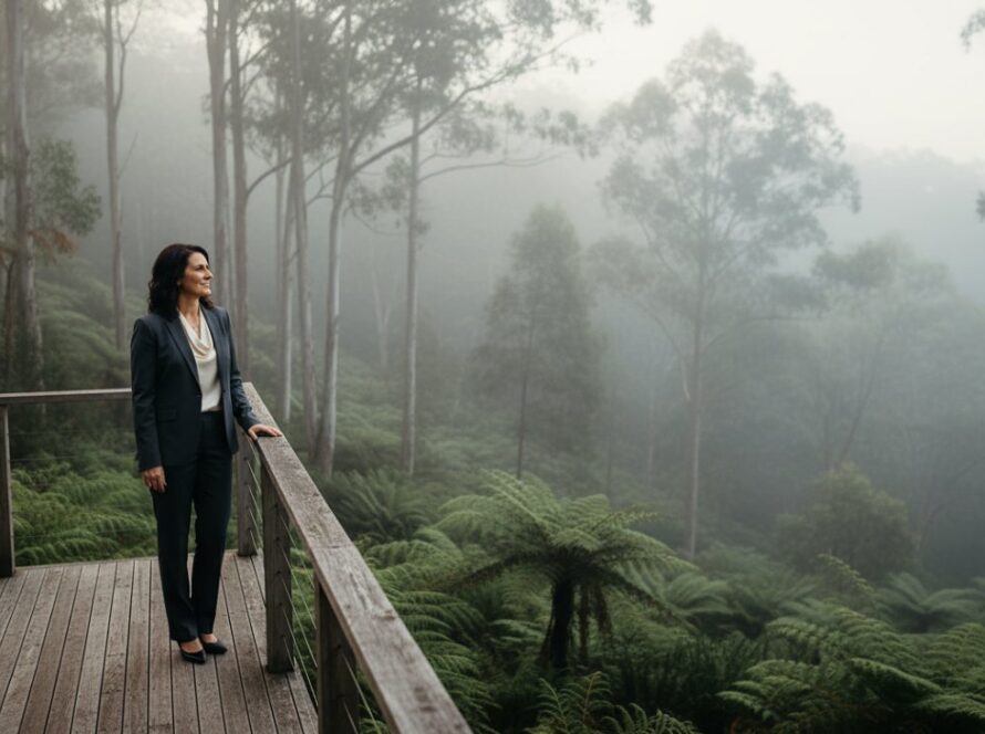 An 'epic moment' style photograph showcasing a confident female CEO in her late 40s, standing powerfully on a natural stone balcony overlooking the lush, misty Dandenong Ranges near Ferny Creek, Victoria, at dawn. She is dressed in a sharp, modern business suit, her gaze determined and forward-looking, bathed in soft, golden light filtering through the eucalypt trees. This image perfectly encapsulates the essence of captivating corporate photography Ferny Creek Victoria for a leader's profile, conveying strength, vision, and connection to the serene local environment.