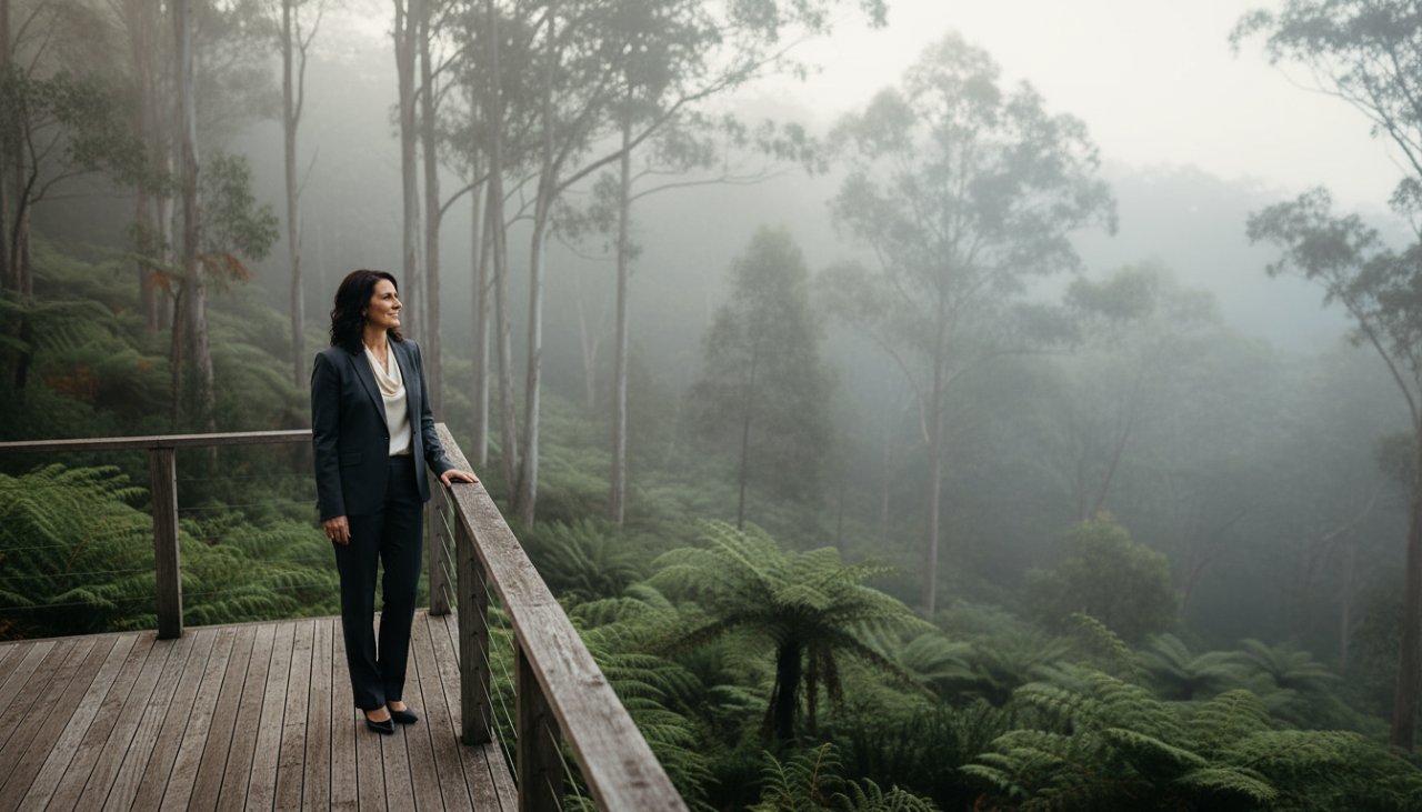 An 'epic moment' style photograph showcasing a confident female CEO in her late 40s, standing powerfully on a natural stone balcony overlooking the lush, misty Dandenong Ranges near Ferny Creek, Victoria, at dawn. She is dressed in a sharp, modern business suit, her gaze determined and forward-looking, bathed in soft, golden light filtering through the eucalypt trees. This image perfectly encapsulates the essence of captivating corporate photography Ferny Creek Victoria for a leader's profile, conveying strength, vision, and connection to the serene local environment.