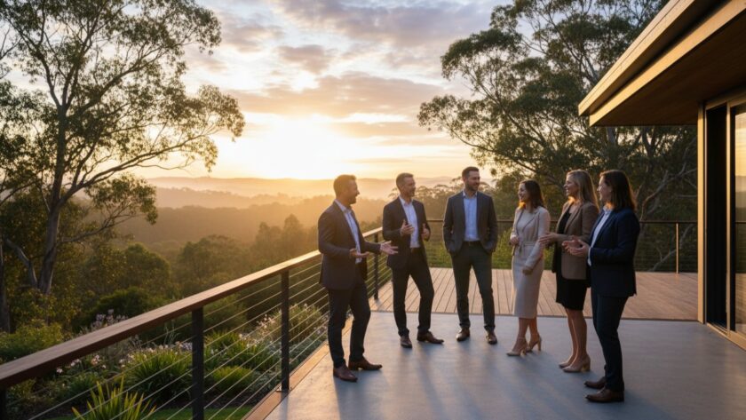 Captivating corporate storytelling photography Mount Dandenong: An epic wide-angle shot of a diverse business team collaborating energetically outside a contemporary office building against the lush, misty backdrop of the Dandenong Ranges at dawn, captured with cinematic lighting and a vibrant, authentic mood.