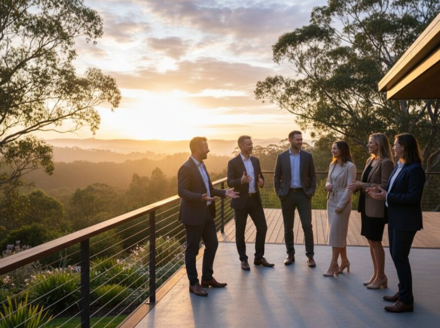 Captivating corporate storytelling photography Mount Dandenong: An epic wide-angle shot of a diverse business team collaborating energetically outside a contemporary office building against the lush, misty backdrop of the Dandenong Ranges at dawn, captured with cinematic lighting and a vibrant, authentic mood.