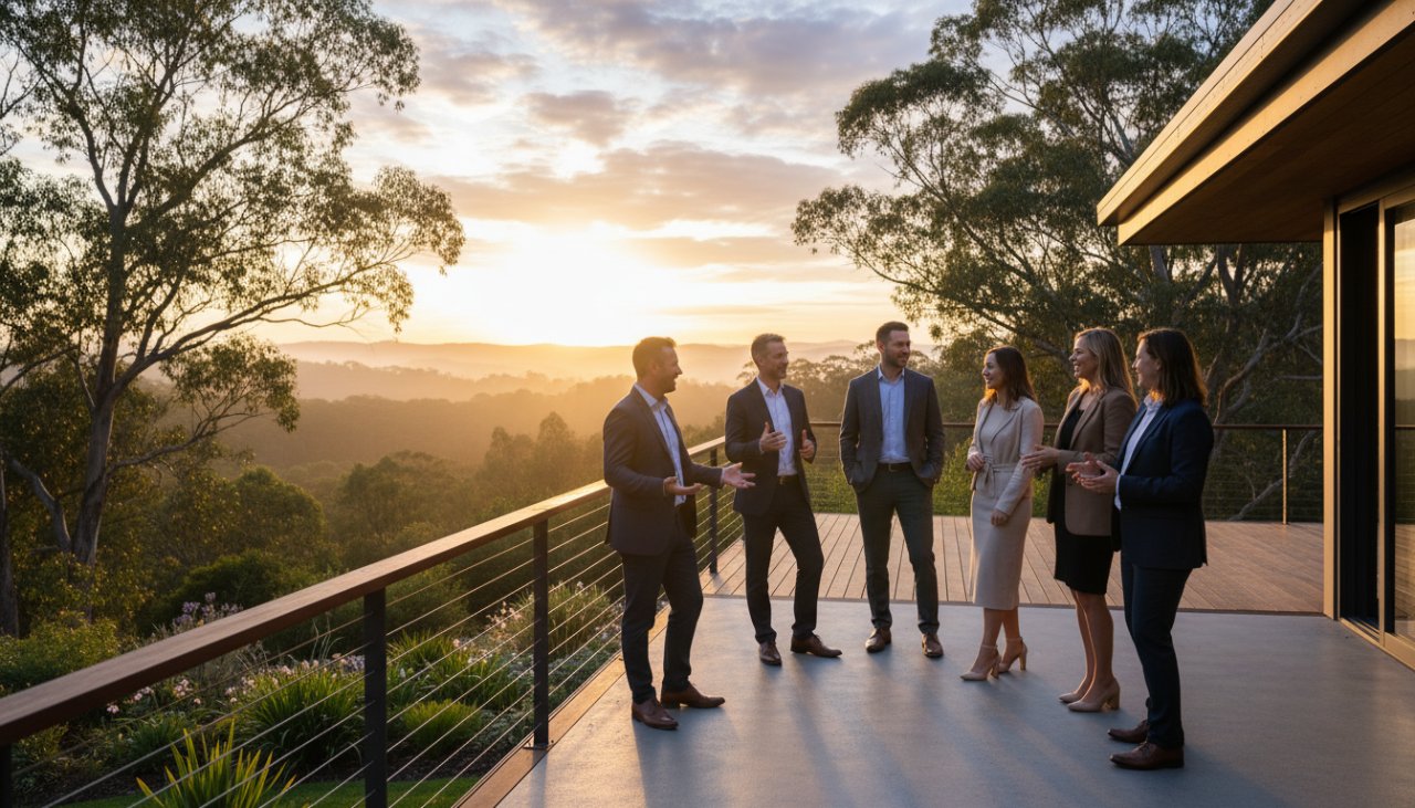 Captivating corporate storytelling photography Mount Dandenong: An epic wide-angle shot of a diverse business team collaborating energetically outside a contemporary office building against the lush, misty backdrop of the Dandenong Ranges at dawn, captured with cinematic lighting and a vibrant, authentic mood.