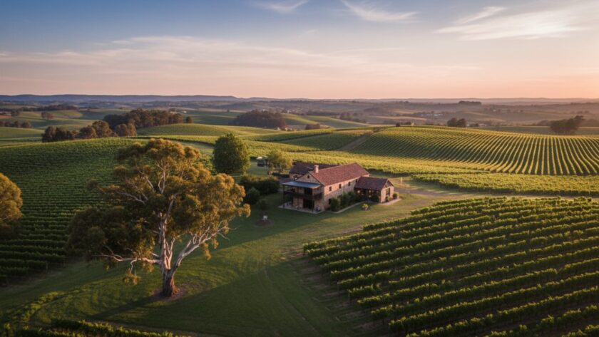 An aerial drone shot showcasing the golden hour light over the rolling hills of Seville vineyards, with a couple silhouetted against the sunset, symbolizing the breathtaking beauty of captivating drone photography Seville vineyards.