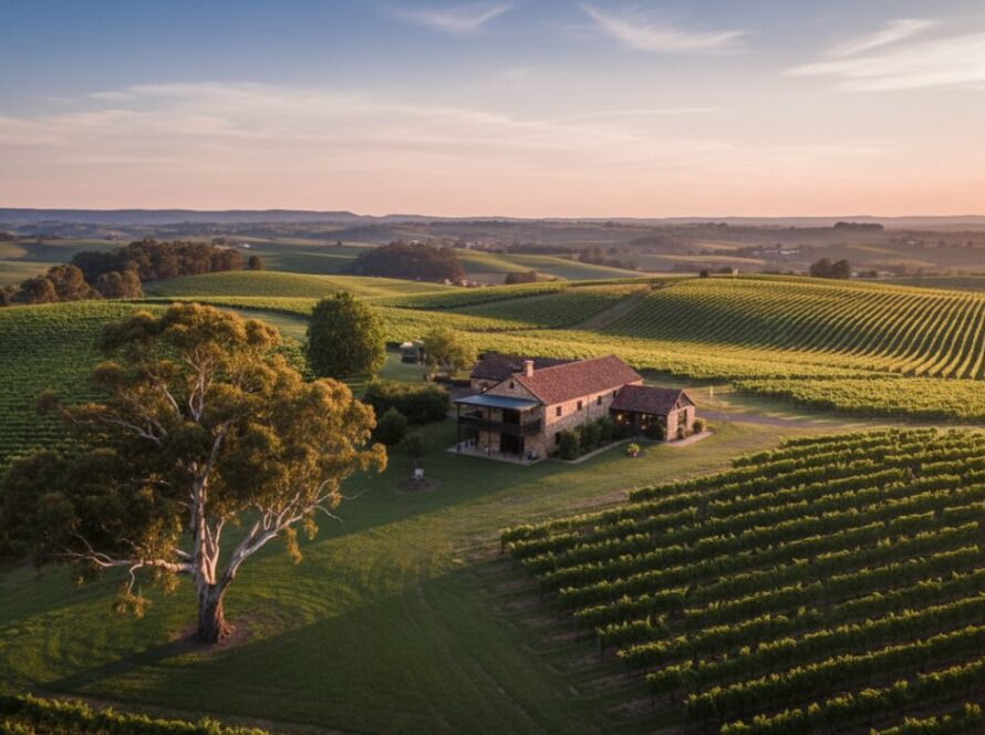 An aerial drone shot showcasing the golden hour light over the rolling hills of Seville vineyards, with a couple silhouetted against the sunset, symbolizing the breathtaking beauty of captivating drone photography Seville vineyards.