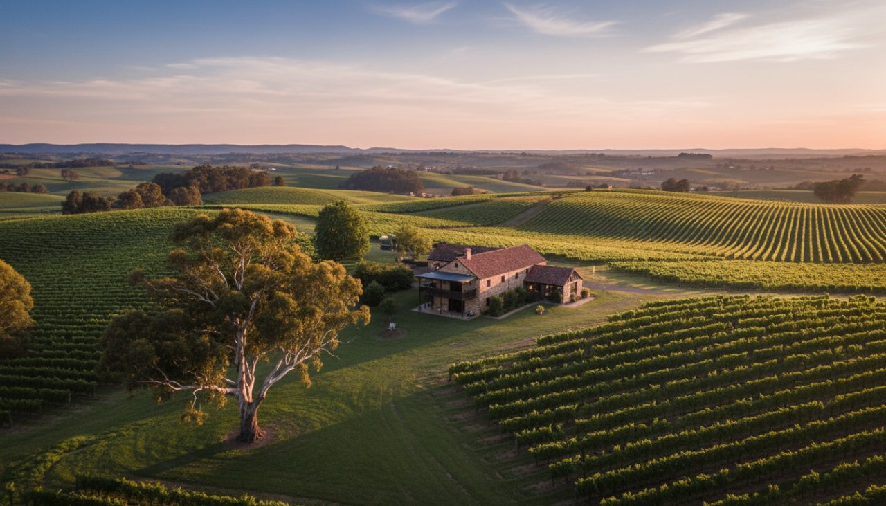 An aerial drone shot showcasing the golden hour light over the rolling hills of Seville vineyards, with a couple silhouetted against the sunset, symbolizing the breathtaking beauty of captivating drone photography Seville vineyards.