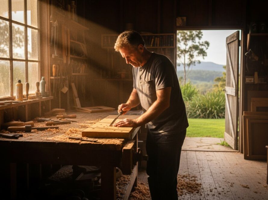 An inspiring wide shot capturing the essence of captivating editorial photography Emerald Victoria, showing a local artisan passionately working on their craft in a sunlit Emerald studio, surrounded by their unique creations, embodying a powerful story.