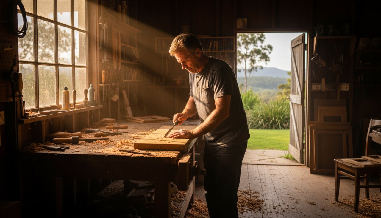 An inspiring wide shot capturing the essence of captivating editorial photography Emerald Victoria, showing a local artisan passionately working on their craft in a sunlit Emerald studio, surrounded by their unique creations, embodying a powerful story.