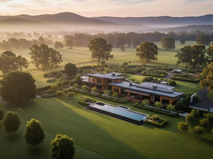 An aerial view capturing the vast, lush green acreage of a modern luxury home nestled in the rolling hills of Gembrook, Dandenong Ranges, at sunrise, showcasing the serene landscape and the home's grandeur, illustrating captivating Gembrook Dandenongs acreage real estate photography.