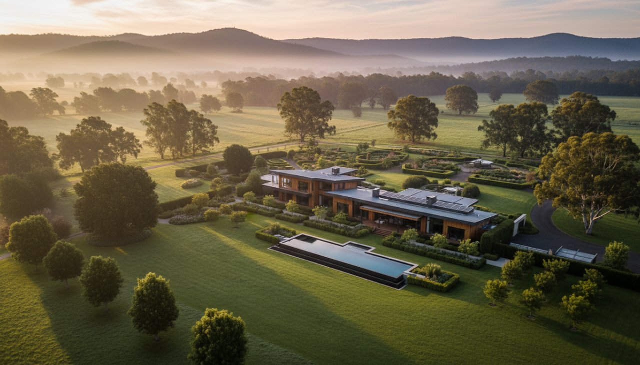An aerial view capturing the vast, lush green acreage of a modern luxury home nestled in the rolling hills of Gembrook, Dandenong Ranges, at sunrise, showcasing the serene landscape and the home's grandeur, illustrating captivating Gembrook Dandenongs acreage real estate photography.