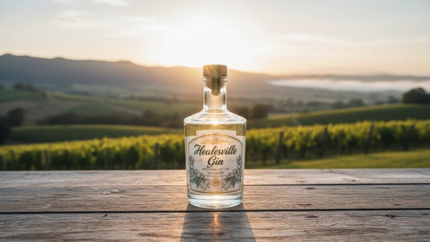 A wide-angle, epic moment photograph showcasing a local artisan's handcrafted product, perfectly lit amidst the scenic rolling hills and vineyards of Healesville, Victoria, captured through captivating Healesville advertising photography for Yarra Valley brands.