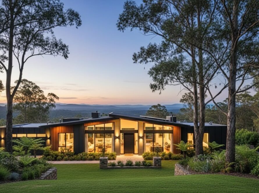 An expansive twilight shot showcasing a modern family home nestled amongst the lush, tree-lined streets of Selby, Victoria, bathed in the soft glow of interior lights, perfectly demonstrating captivating real estate photography Selby Victoria for maximum appeal.