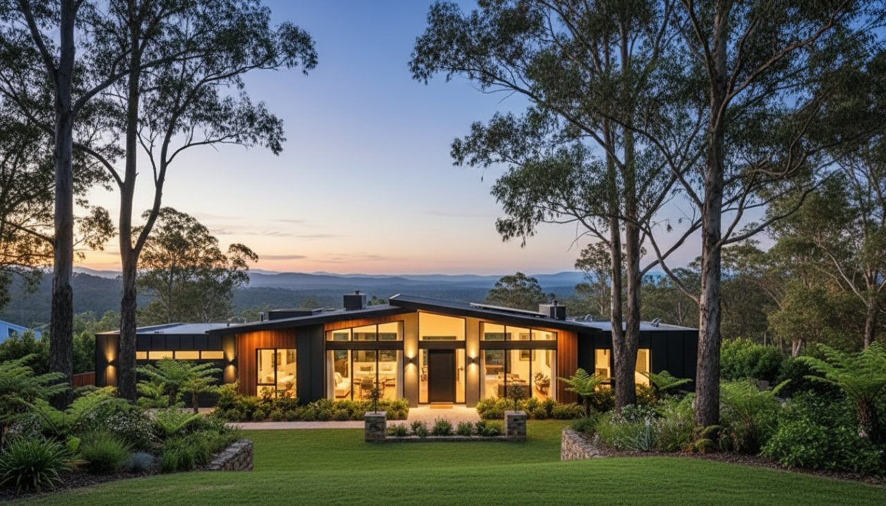 An expansive twilight shot showcasing a modern family home nestled amongst the lush, tree-lined streets of Selby, Victoria, bathed in the soft glow of interior lights, perfectly demonstrating captivating real estate photography Selby Victoria for maximum appeal.