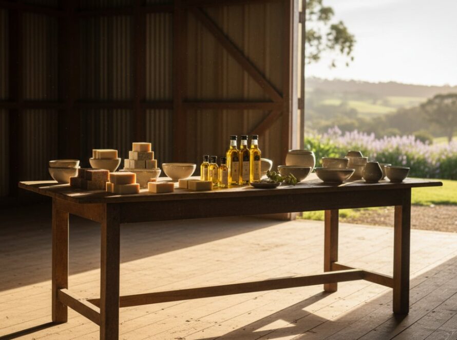 A stunning wide-angle shot of a beautifully styled display of artisanal products from a local Somerville brand, such as gourmet preserves and handmade ceramics, bathed in the warm, golden hour light filtering through an open barn door, with a subtle depth of field highlighting the intricate details, embodying captivating Somerville product photography at its best. The scene captures an epic moment of local craftsmanship.