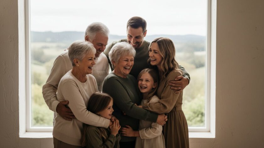 An emotionally resonant, cinematic studio portrait in Seville, Victoria, showcasing the captivating studio portraits Seville Victoria style, with a family embracing each other, bathed in soft, dramatic light, capturing a moment of profound connection and joy.