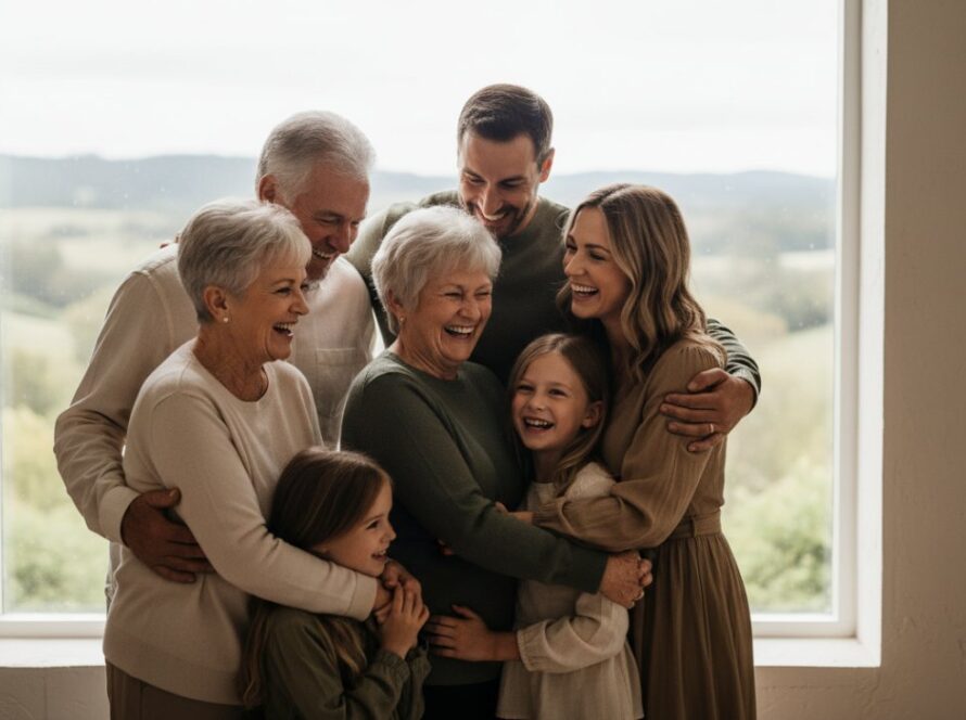 An emotionally resonant, cinematic studio portrait in Seville, Victoria, showcasing the captivating studio portraits Seville Victoria style, with a family embracing each other, bathed in soft, dramatic light, capturing a moment of profound connection and joy.