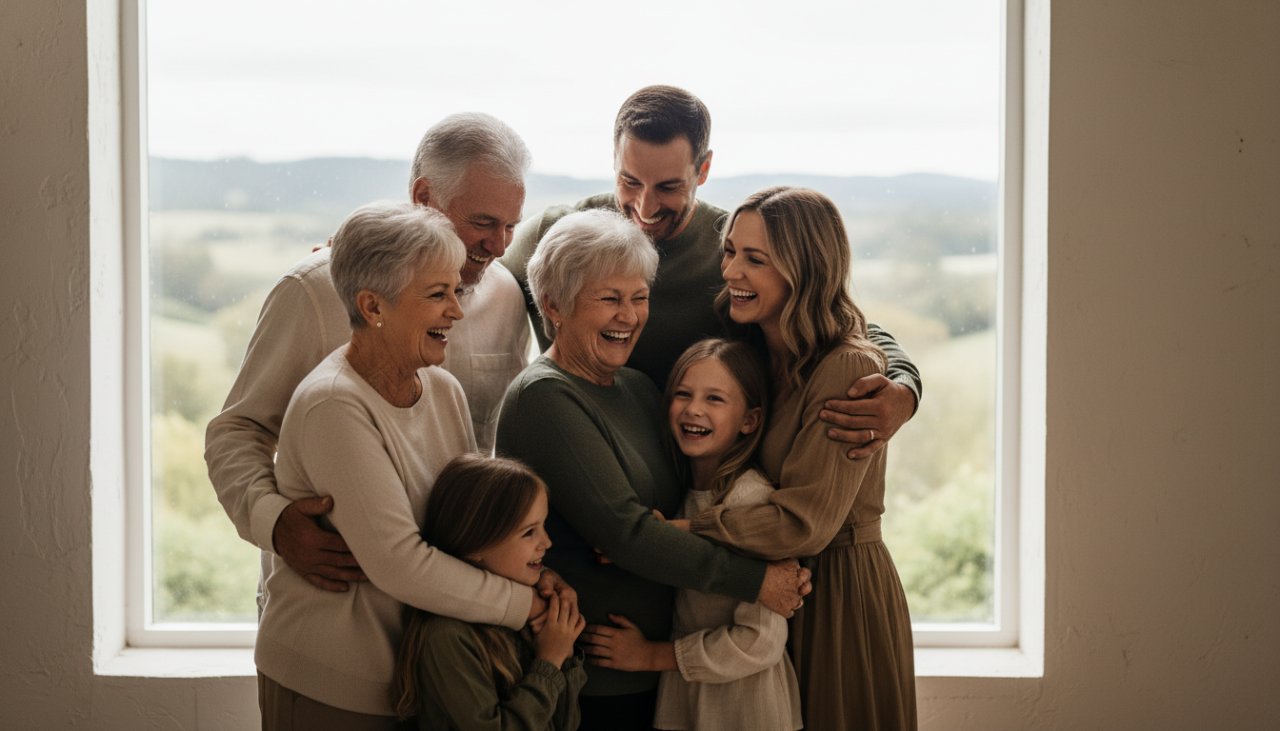 An emotionally resonant, cinematic studio portrait in Seville, Victoria, showcasing the captivating studio portraits Seville Victoria style, with a family embracing each other, bathed in soft, dramatic light, capturing a moment of profound connection and joy.
