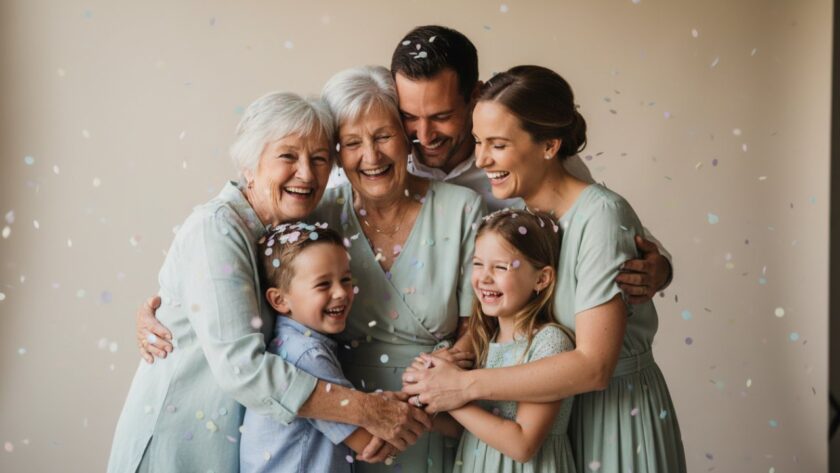 An emotionally resonant, epic moment captured in a professional Tecoma studio photography session, featuring a multi-generational Australian family laughing joyfully, their expressions authentic and full of warmth, illuminated by soft, cinematic studio lighting.