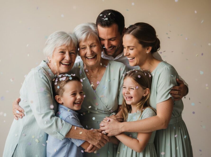An emotionally resonant, epic moment captured in a professional Tecoma studio photography session, featuring a multi-generational Australian family laughing joyfully, their expressions authentic and full of warmth, illuminated by soft, cinematic studio lighting.