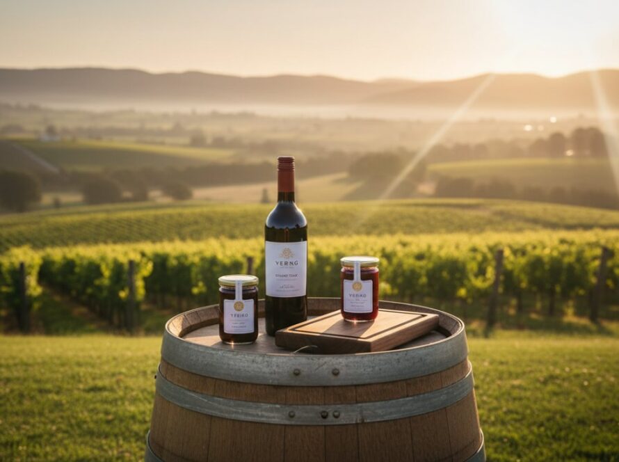 A stunning wide-angle shot showcasing captivating Yering product photography for artisan brands, featuring handcrafted ceramics bathed in golden hour light on a rustic wooden table overlooking the rolling vineyards of Yering Valley, Victoria, conveying quality and natural beauty.